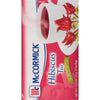 A box of McCormick Hibiscus Tea caffeine free with a picture of a cup of tea and hibiscus flowers.
