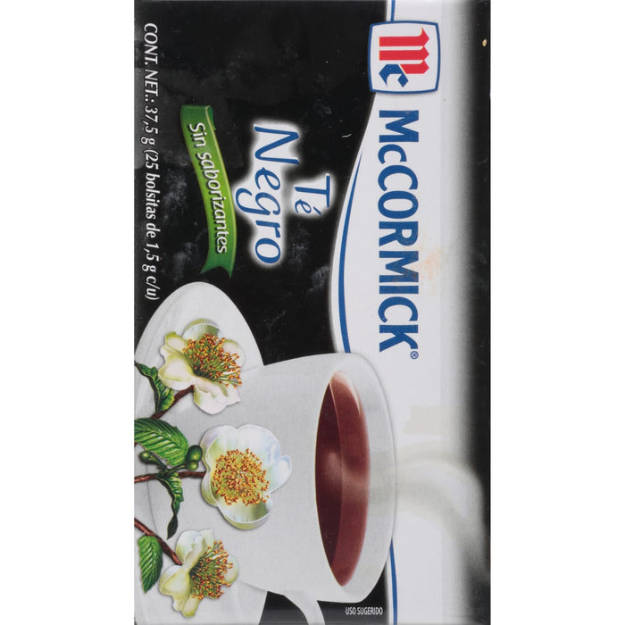 McCormick Tea Black a box of tea bags with a cup of tea and tea flowers.