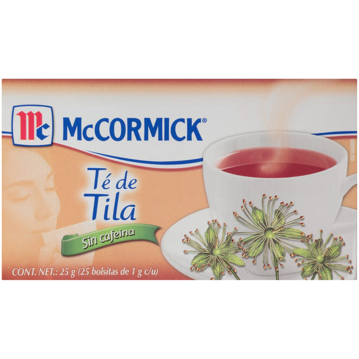 A box of McCormick Tea de Tila a caffeine-free herbal tea.
