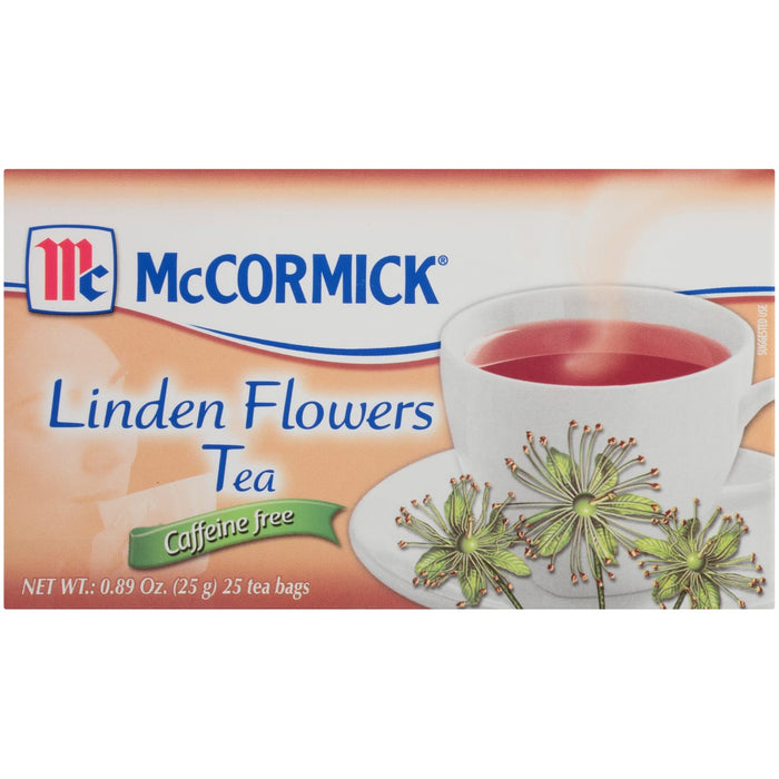 A box of McCormick Linden Flowers Tea caffeine free.