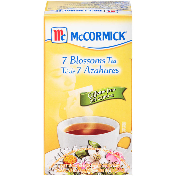 A box of McCormick 7 Blossoms Tea caffeine free.