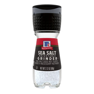 A McCormick Sea Salt Adjustable Grinder with a black lid and a glass jar filled with salt crystals.