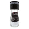 A clear glass grinder bottle of Mccormick Salt Sea 2.12 Oz, featuring a black and gray top with adjustable grind settings for coarse, medium, or fine, and a label displaying McCormick &amp; Co. Inc. contact information and a barcode.