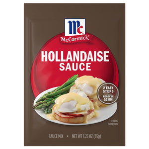 A brown packet of Mccormick Regular Hollandaise Sauce Mix Envelope 1.25 Oz featuring a serving suggestion of eggs benedict with asparagus on a red circular background.