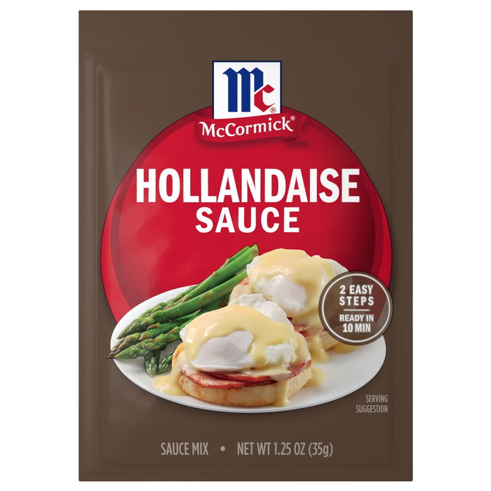 A brown packet of Mccormick Regular Hollandaise Sauce Mix Envelope 1.25 Oz featuring a serving suggestion of eggs benedict with asparagus on a red circular background.