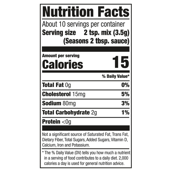 This infographic displays the nutrition facts for Mccormick Regular Hollandaise Sauce Mix Envelope 1.25 Oz, showing 15 calories and 80 milligrams of sodium per serving.