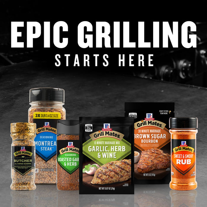 A variety of McCormick Grill Mates seasonings and marinades are displayed with the text Epic Grilling Starts Here above them.