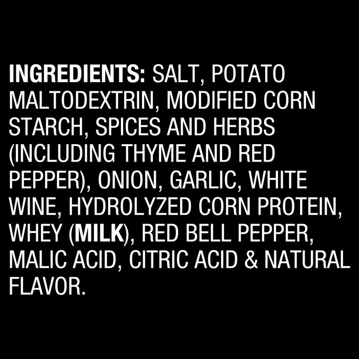 A list of ingredients for a product including salt potato maltodextrin modified corn starch spices herbs onion garlic white wine whey red bell pepper malic acid citric acid and natural flavor.