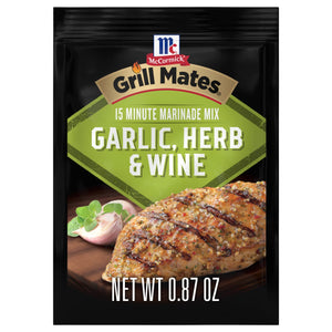 This is a package of McCormick Grill Mates 15 Minute Marinade Mix in Garlic Herb &amp; Wine flavor.