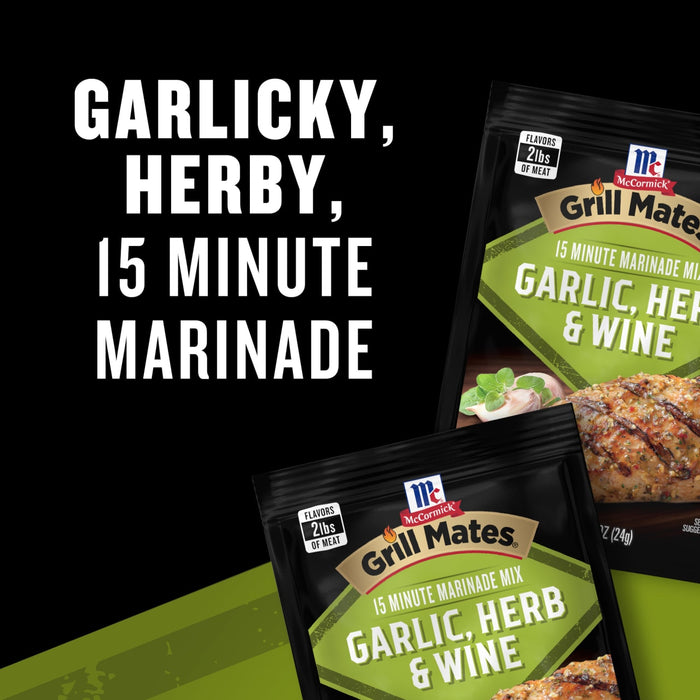 This image features McCormick Grill Mates Garlic Herb &amp; Wine 15 Minute Marinade Mix highlighting its garlicky and herby flavor profile.