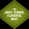 A green diamond shape with the text FOR JUICY TENDER FLAVORFUL MEAT in white letters.