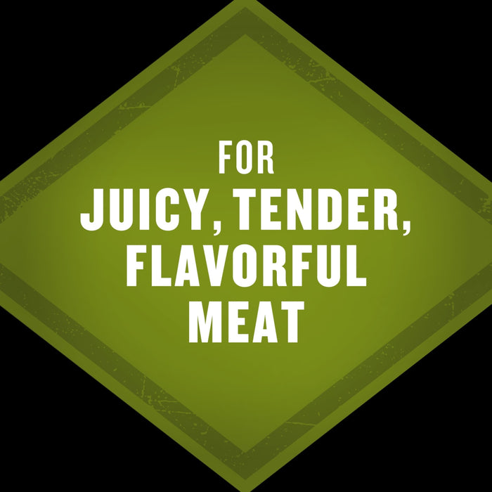 A green diamond shape with the text FOR JUICY TENDER FLAVORFUL MEAT in white letters.