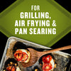 A close-up shot of grilled chicken topped with tomatoes and mozzarella on a baking sheet with text overlay stating For Grilling Air Frying &amp; Pan Searing.