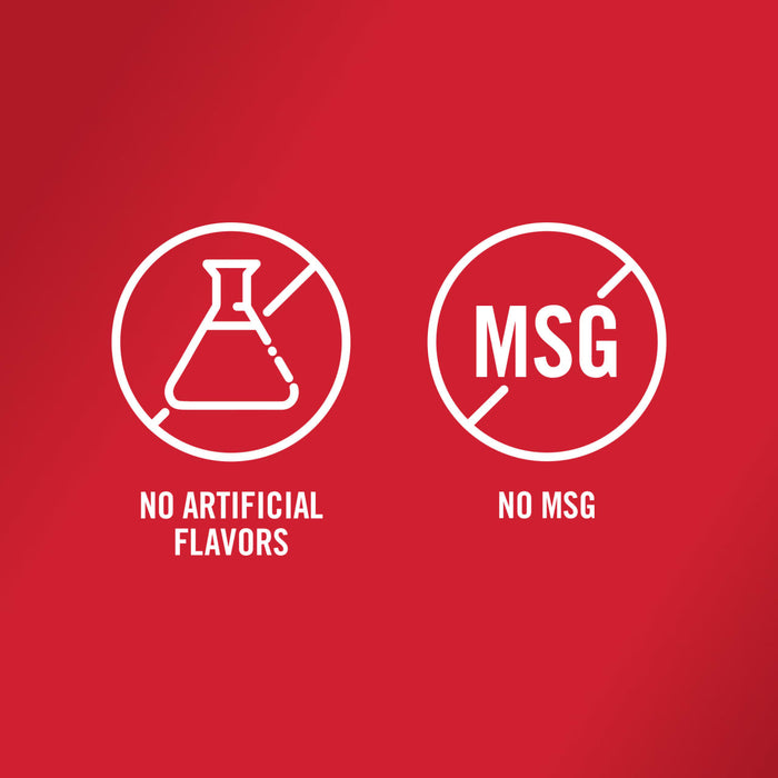 Two white icons on a red background one says No Artificial Flavors and the other says No MSG.