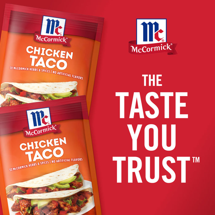 Two McCormick Chicken Taco seasoning packets with a red background that says The Taste You Trust.