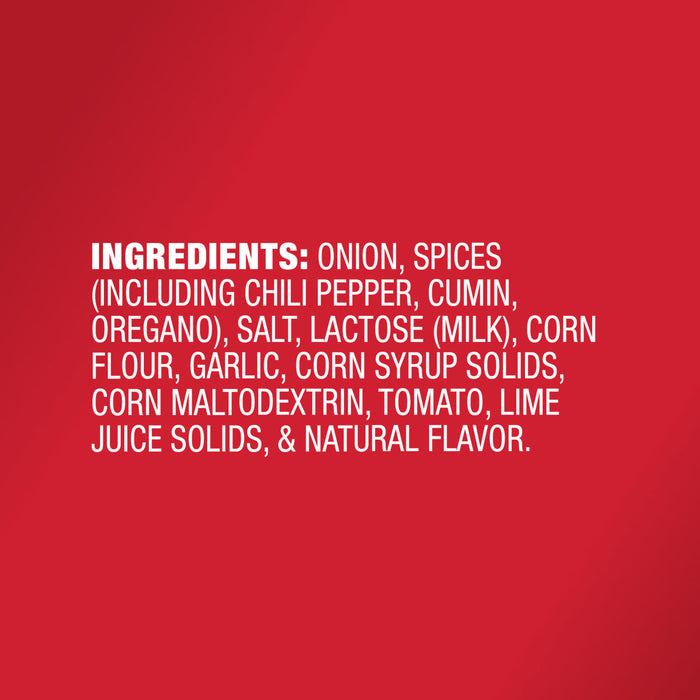 A list of ingredients for a product including onion spices chili pepper cumin oregano salt lactose corn flour garlic corn syrup solids corn maltodextrin tomato lime juice solids and natural flavor.