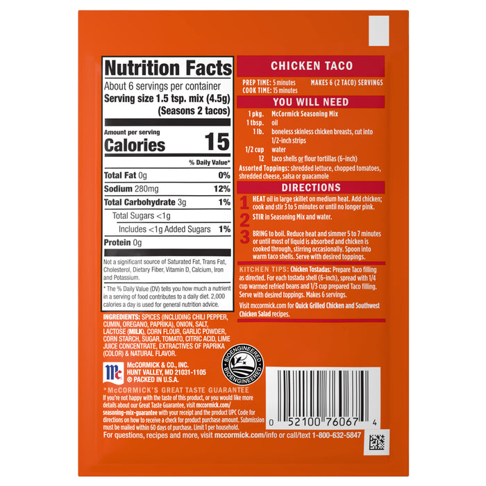 The back of a package of Mccormick Regular Chicken Taco Seasoning Mix 1 Oz displays the nutrition facts, ingredients, and step-by-step cooking directions for making chicken tacos.