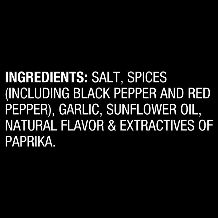 A list of ingredients for a product including salt spices garlic sunflower oil and paprika.