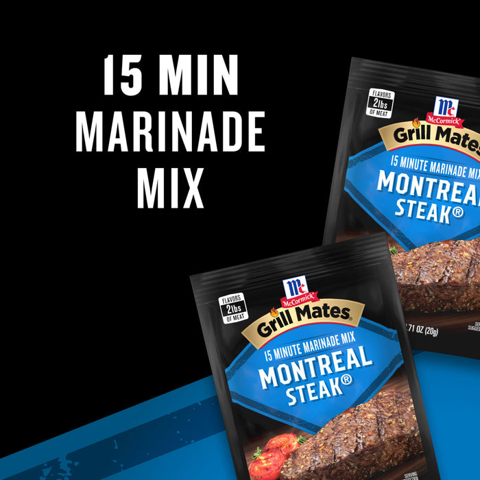 This image features McCormick Grill Mates Montreal Steak 15 Minute Marinade Mix, highlighting its ability to flavor 2lbs of meat.