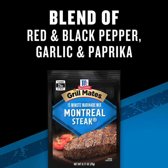 A package of McCormick Grill Mates Montreal Steak 15 Minute Marinade Mix.