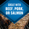 A close-up of grilled beef and pork with the text Great with beef, pork, or salmon in a blue diamond shape.