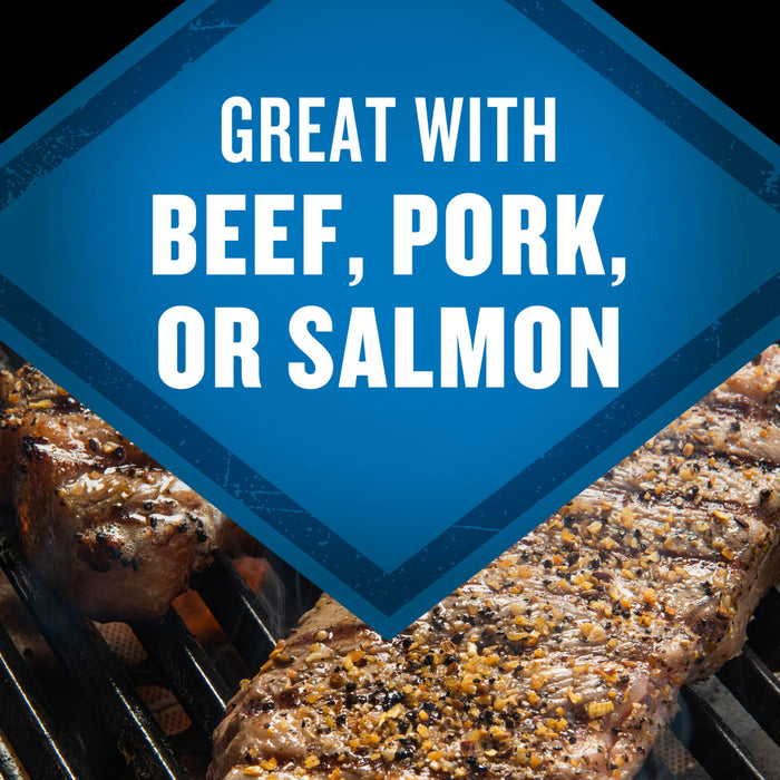 A close-up of grilled beef and pork with the text Great with beef, pork, or salmon in a blue diamond shape.