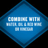 A blue diamond-shaped graphic with the text COMBINE WITH WATER, OIL &amp; RED WINE OR VINEGAR in white.