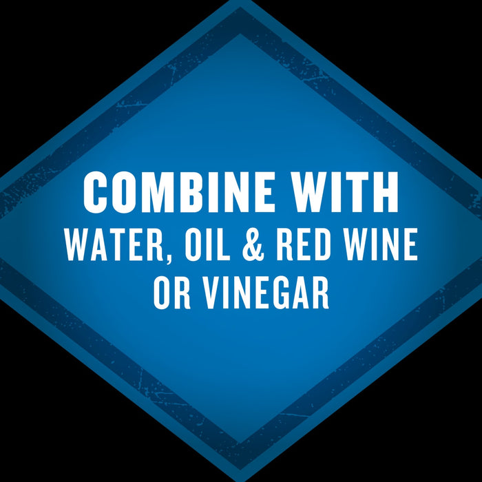 A blue diamond-shaped graphic with the text COMBINE WITH WATER, OIL &amp; RED WINE OR VINEGAR in white.