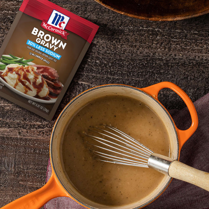 A packet of McCormick Brown Gravy mix sits next to a pot of prepared gravy, showcasing the product's use.