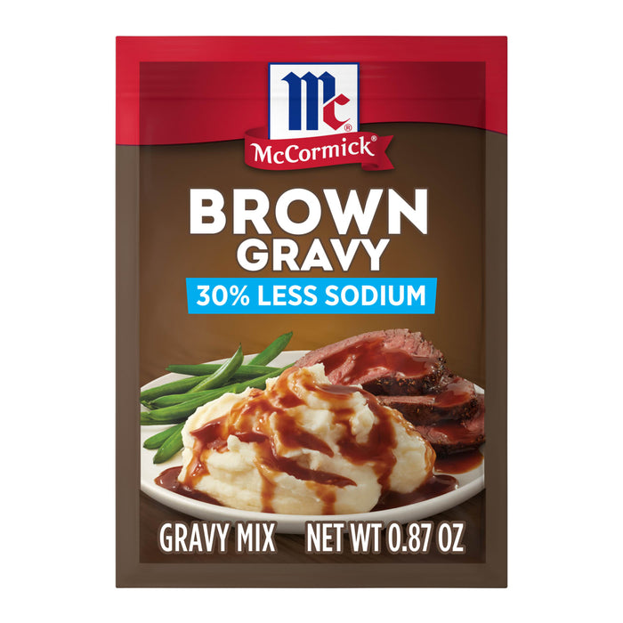 A packet of McCormick Brown Gravy Mix with 30% less sodium is displayed.