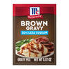 A packet of McCormick Brown Gravy Mix with 30% less sodium is displayed.