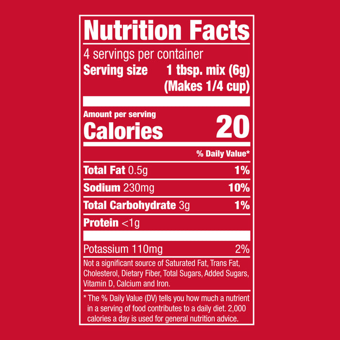 This is a nutrition facts label showing that one tablespoon of the mix, which makes 1/4 cup, contains 20 calories.