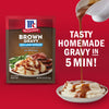 A packet of McCormick Brown Gravy mix is shown next to a plate of mashed potatoes and meat covered in gravy, with text that reads Tasty Homemade Gravy in 5 Min.