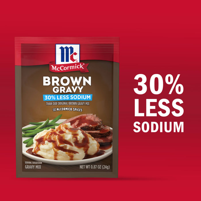 McCormick Brown Gravy mix with 30% less sodium is shown with a serving suggestion of gravy over mashed potatoes and meat.