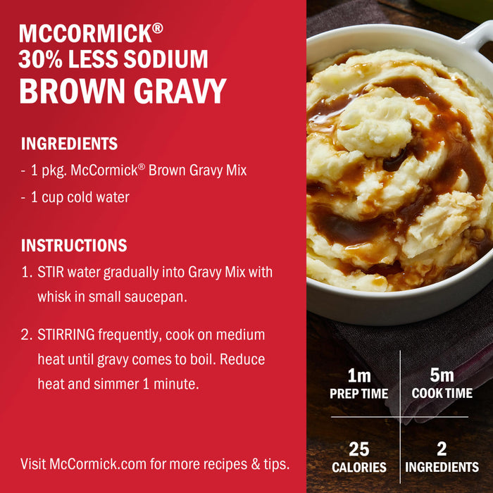 A package of McCormick 30% Less Sodium Brown Gravy mix with instructions for preparation and a photo of the finished gravy served over mashed potatoes.