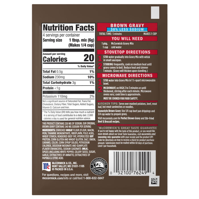 The back of a package of Mccormick Brown Gravy Mix .87 Oz displays nutrition facts, stovetop and microwave preparation instructions, and a full list of ingredients.
