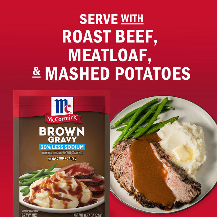McCormick Brown Gravy mix is shown with suggested serving options of roast beef, meatloaf, and mashed potatoes.