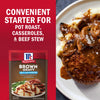A packet of McCormick Brown Gravy mix is displayed next to a plate of food featuring mashed potatoes and beef covered in brown gravy, highlighting its use as a convenient starter for pot roast, casseroles, and beef stew.