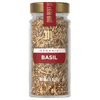 A glass jar of McCormick Gourmet Organic Basil.