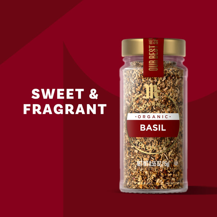 A jar of McCormick Basil with the words Sweet &amp; Fragrant on the side.