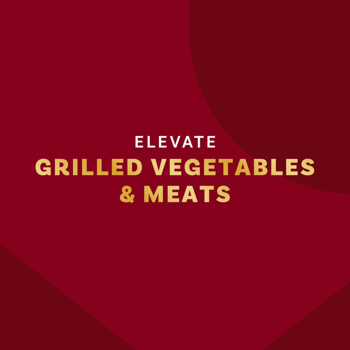 The image promotes a product to elevate grilled vegetables and meats.