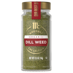 A jar of McCormick Gourmet Organic Dill Weed is displayed.