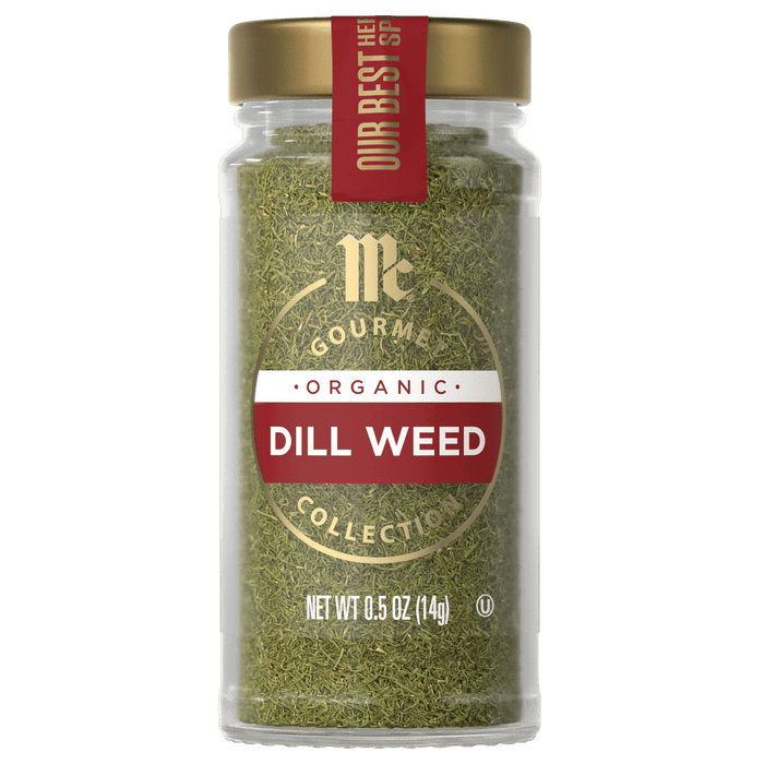 A jar of McCormick Gourmet Organic Dill Weed is displayed.