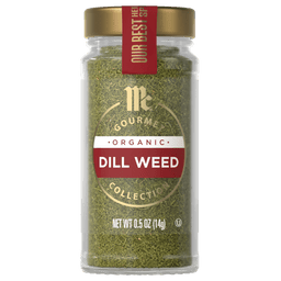 A jar of McCormick Gourmet Organic Dill Weed is displayed.