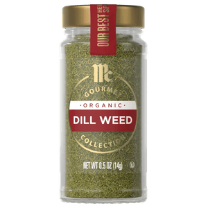 A jar of McCormick Gourmet Organic Dill Weed is displayed.