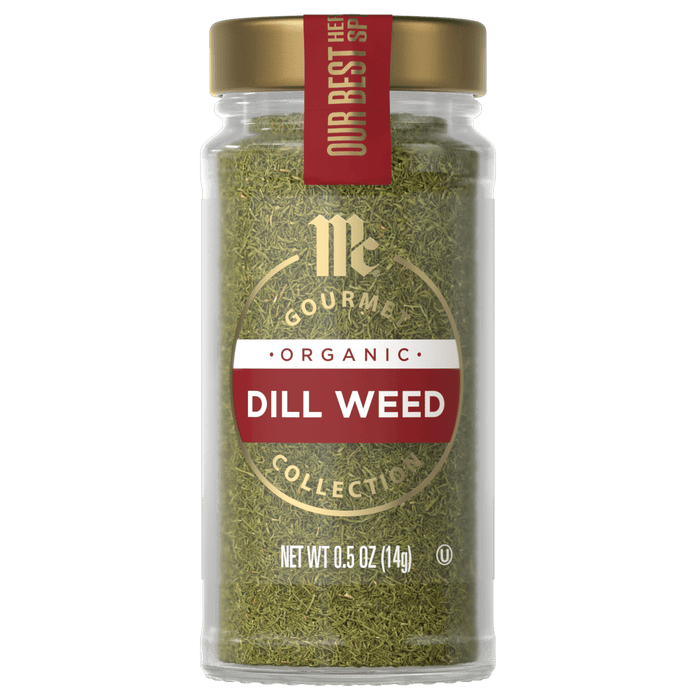 A jar of McCormick Gourmet Organic Dill Weed is displayed.