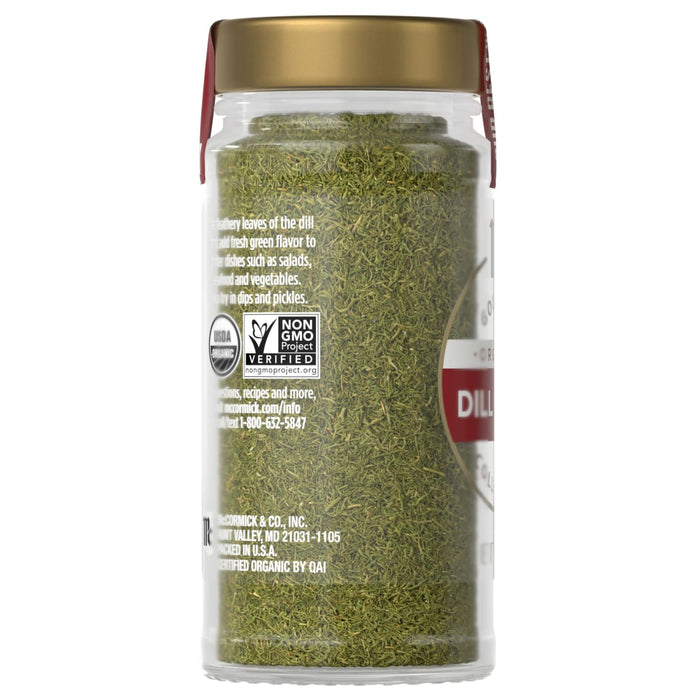 A jar of McCormick Dill Weed seasoning is shown highlighting its organic certification and use as a culinary ingredient.