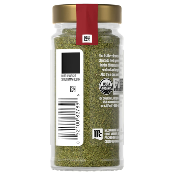 A jar of McCormick Organic Dill Weed is shown displaying its packaging and barcode.