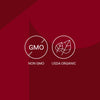 The image displays the Non-GMO and USDA Organic certification logos, indicating the product is not genetically modified and meets organic standards.