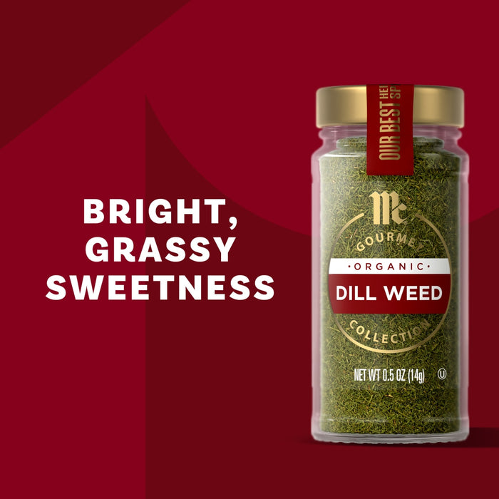 McCormick Dill Weed is shown in a jar with the description bright, grassy sweetness.